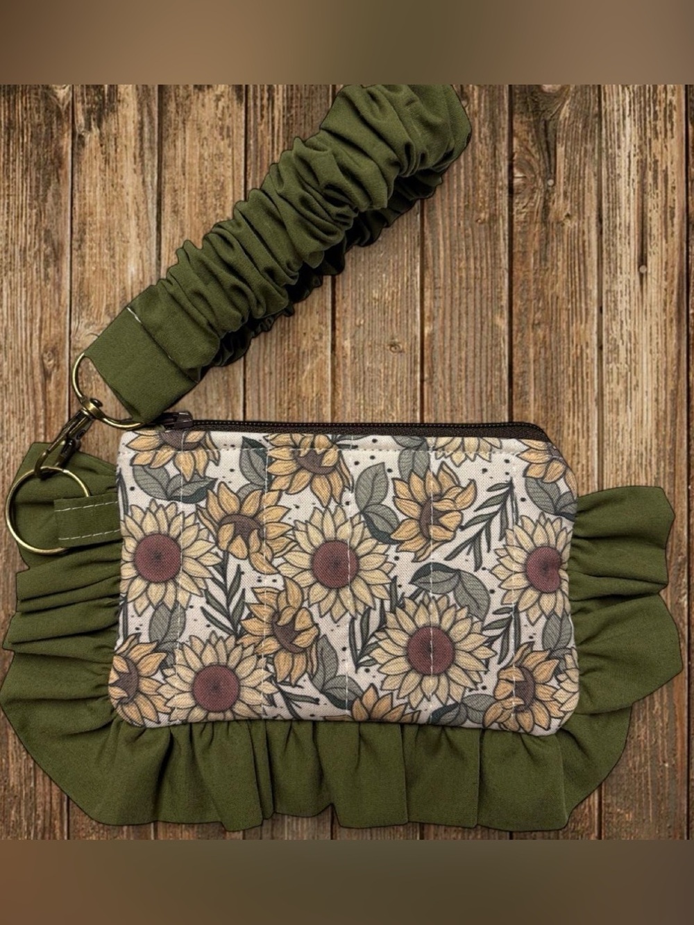 Handmade Sunflower Print Wristlet Wallet with Olive Green Ruffles